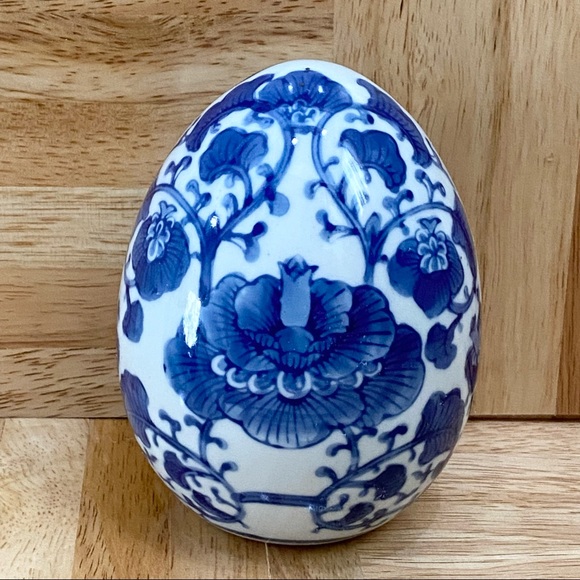 Vintage Lotus Flower Blue & White Chinoiserie Porcelain 4 1/2” Egg-shaped Decor - Picture 8 of 12